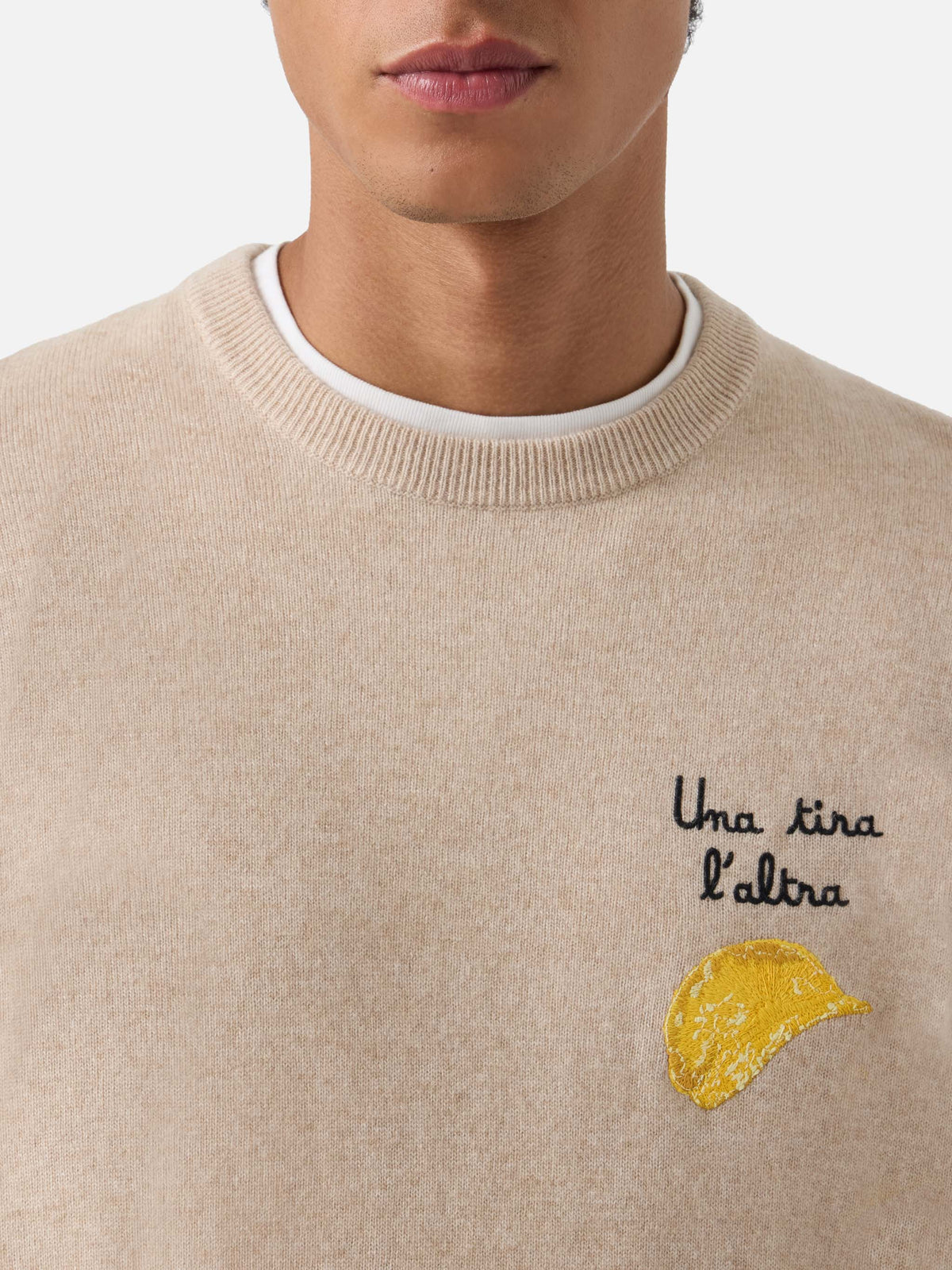 Pull Beige Heron à col rond en mélange de laine légère et de cachemire avec broderie Amica Chips | Special edition 