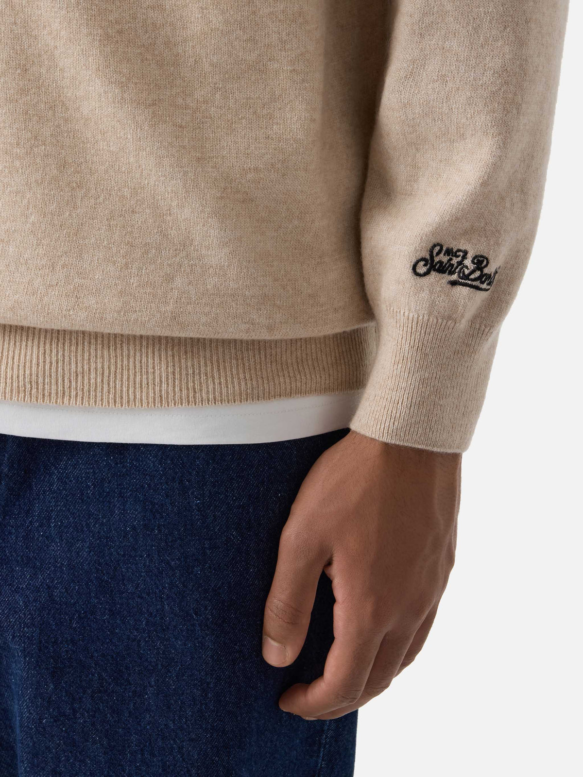 Pull Beige Heron à col rond en mélange de laine légère et de cachemire avec broderie Amica Chips | Special edition 