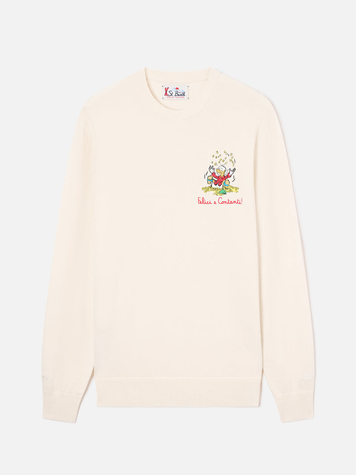 Maglia girocollo Heron Light bianco panna in misto lana e cashmere con ricamo Zio Paperone | Special edition