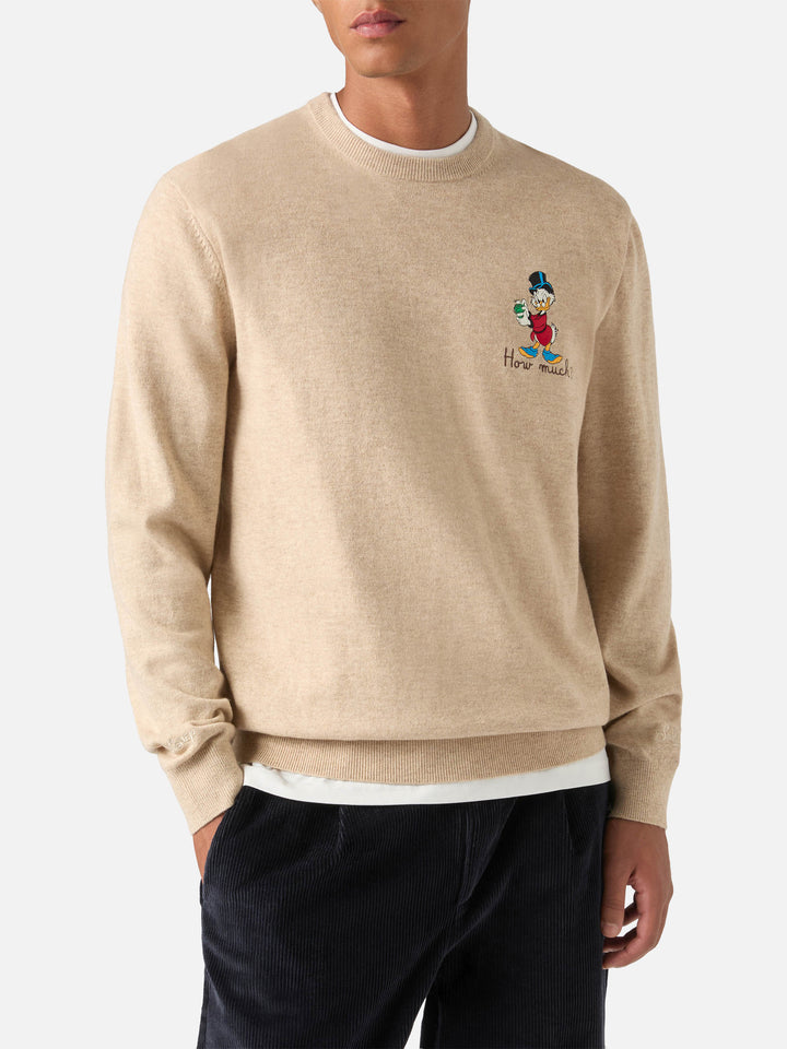 Beige Heron Rundhalspullover aus leichter Wolle und Kaschmirmischung mit Scrooge McDuck-Stickerei | Special edition 