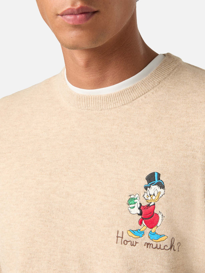 Beige Heron Rundhalspullover aus leichter Wolle und Kaschmirmischung mit Scrooge McDuck-Stickerei | Special edition 