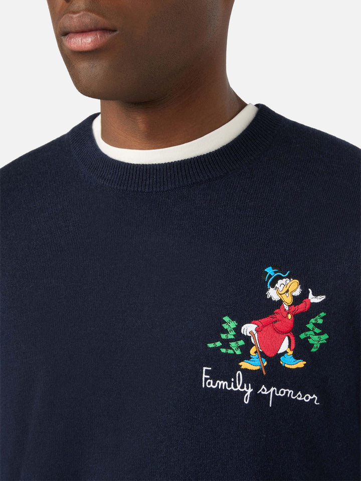 Navy blue Heron col rond en mélange de laine légère et de cachemire avec broderie Scrooge McDuck | Special edition 