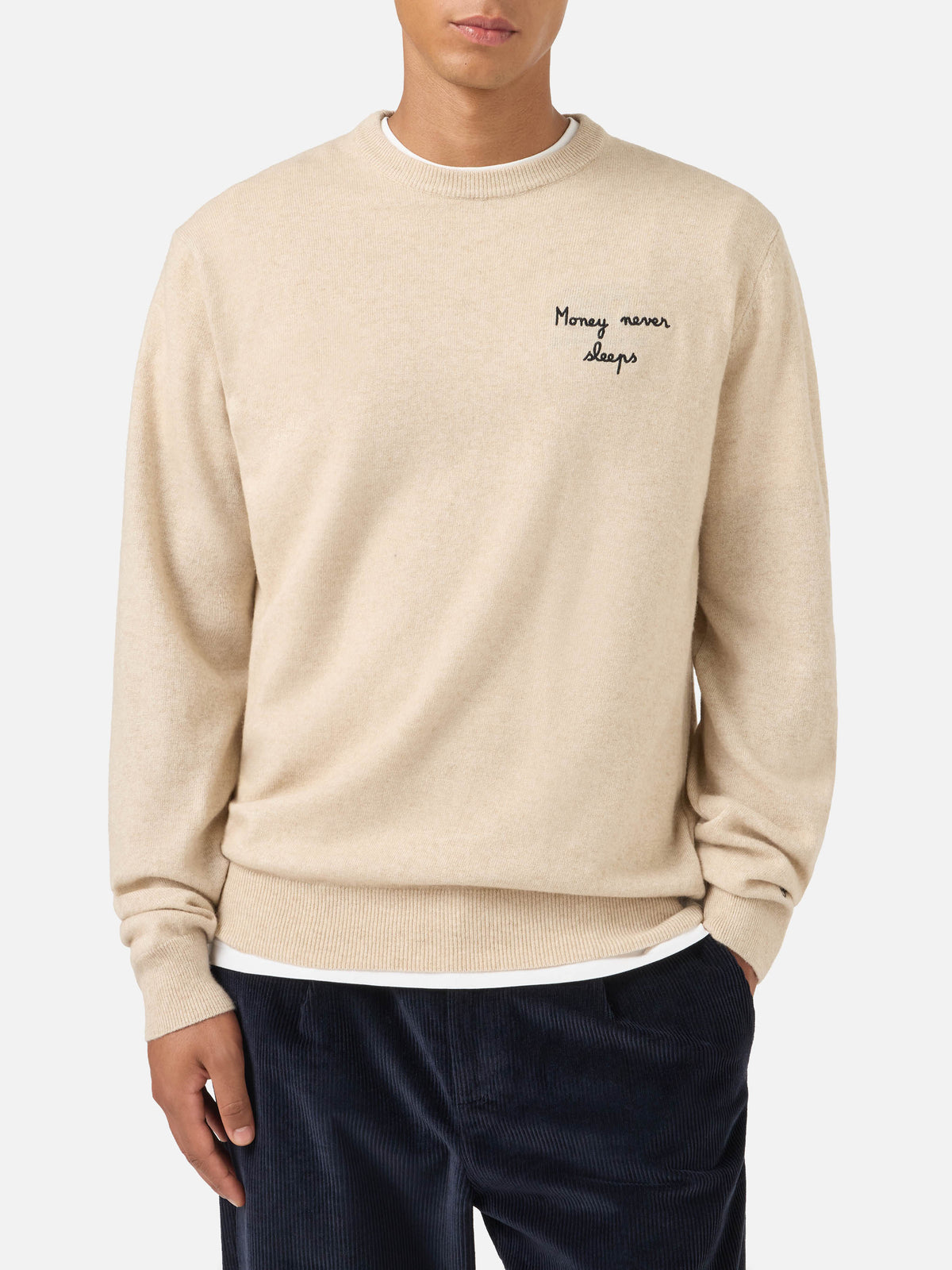 Maglia girocollo Heron Light beige in misto lana e cashmere con ricamo Money Never Sleeps | Special edition
