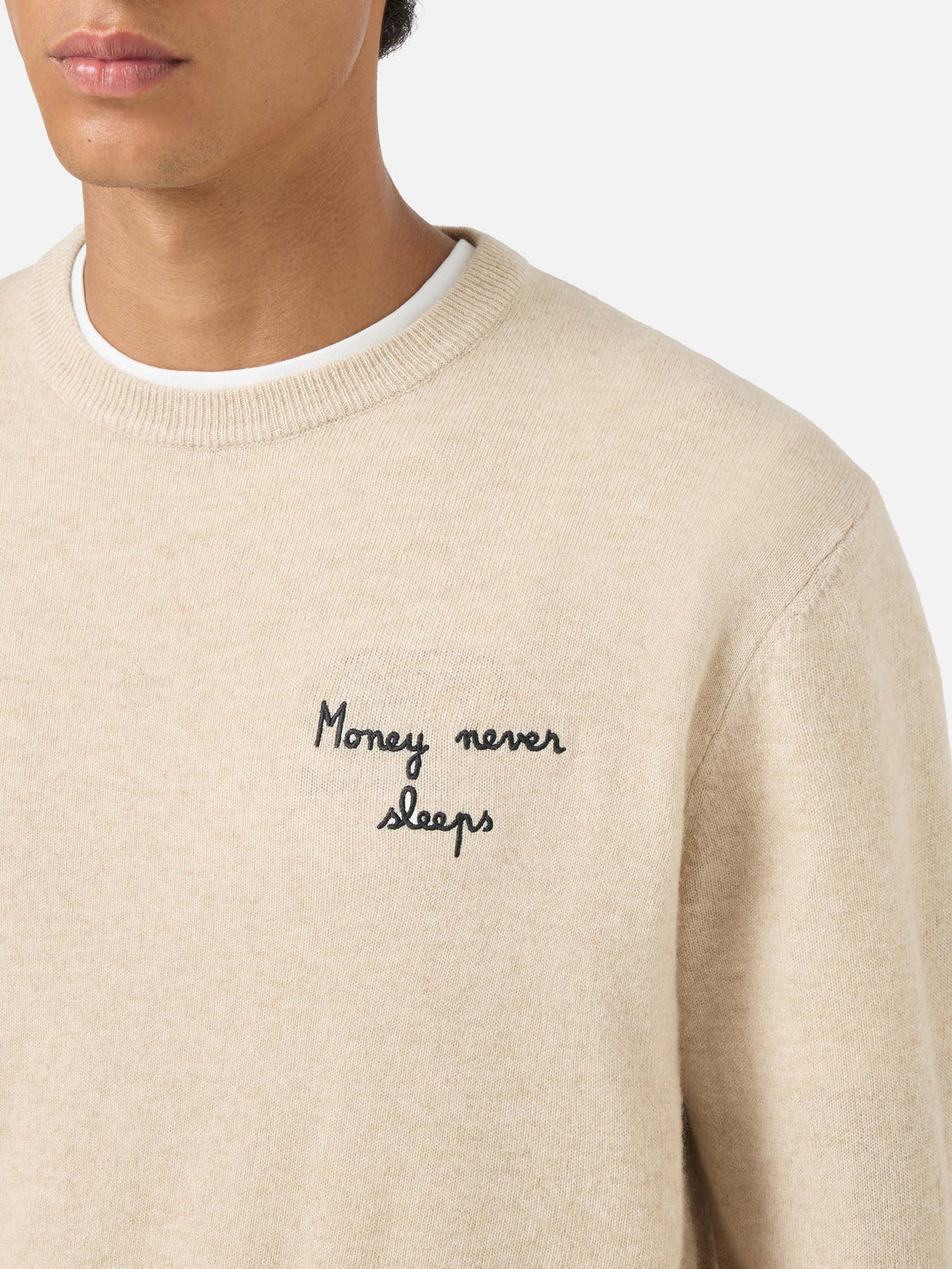Maglia girocollo Heron Light beige in misto lana e cashmere con ricamo Money Never Sleeps | Special edition