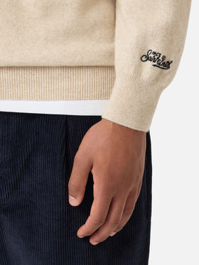 Maglia girocollo Heron Light beige in misto lana e cashmere con ricamo Money Never Sleeps | Special edition