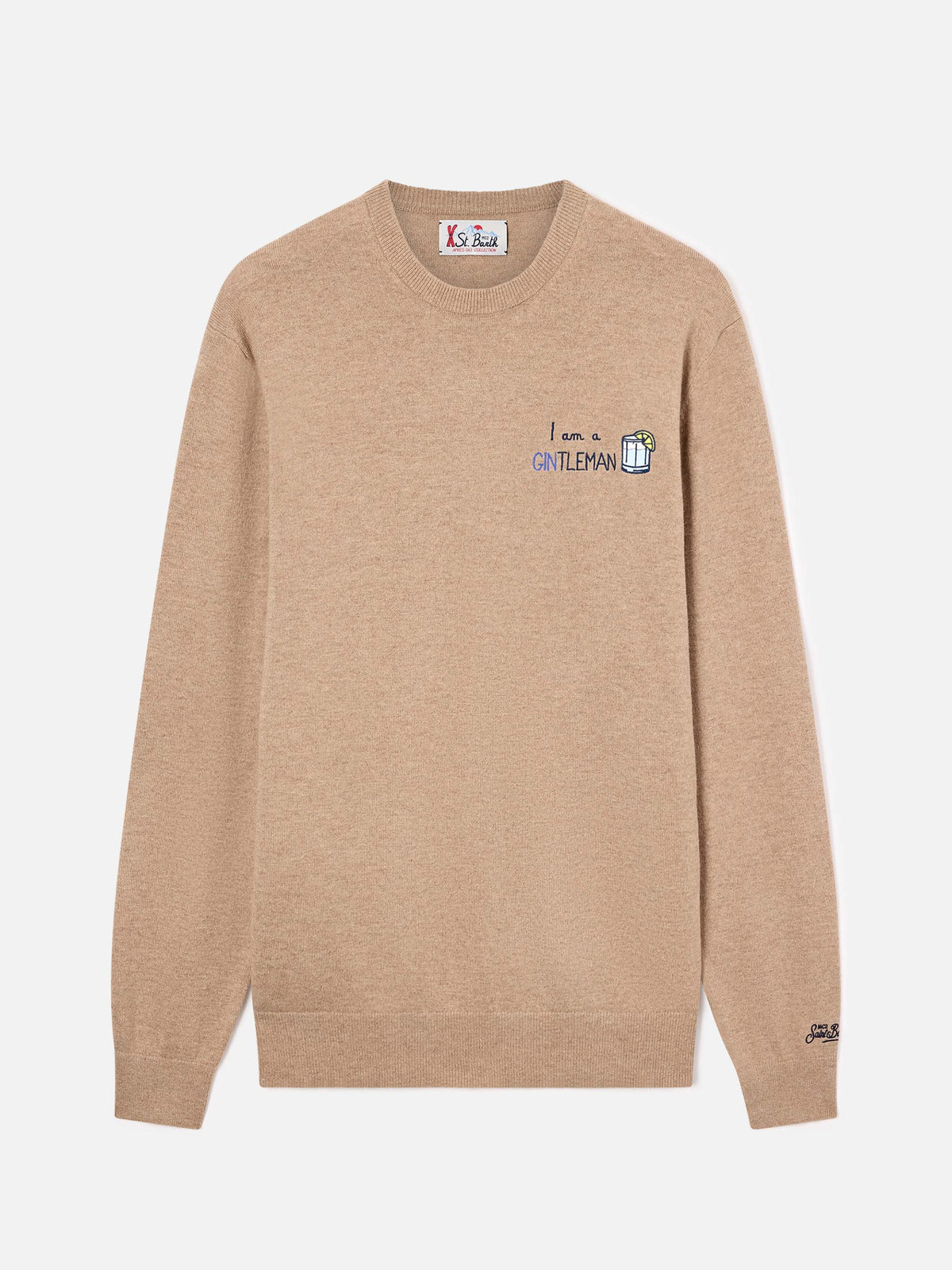 Jersey de cuello redondo Beige Heron en mezcla ligera de lana y cachemir con bordado Gintleman 