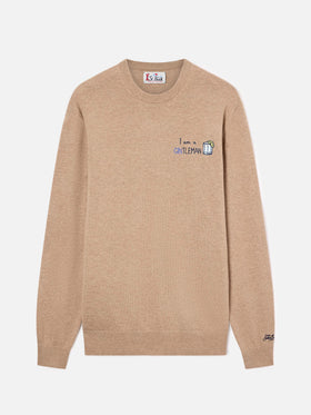 Jersey de cuello redondo Beige Heron en mezcla ligera de lana y cachemir con bordado Gintleman 