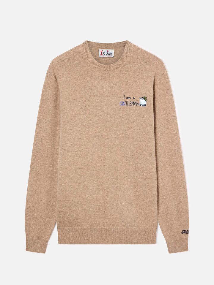 Maglia girocollo Heron Light beige in misto lana e cashmere con ricamo Gintleman