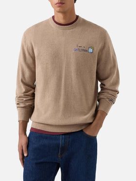 Jersey de cuello redondo Beige Heron en mezcla ligera de lana y cachemir con bordado Gintleman 