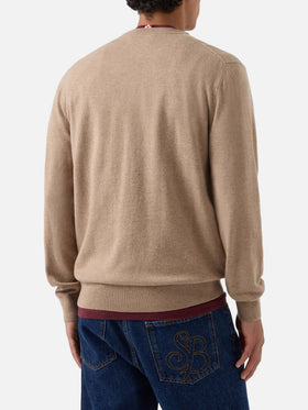 Jersey de cuello redondo Beige Heron en mezcla ligera de lana y cachemir con bordado Gintleman 