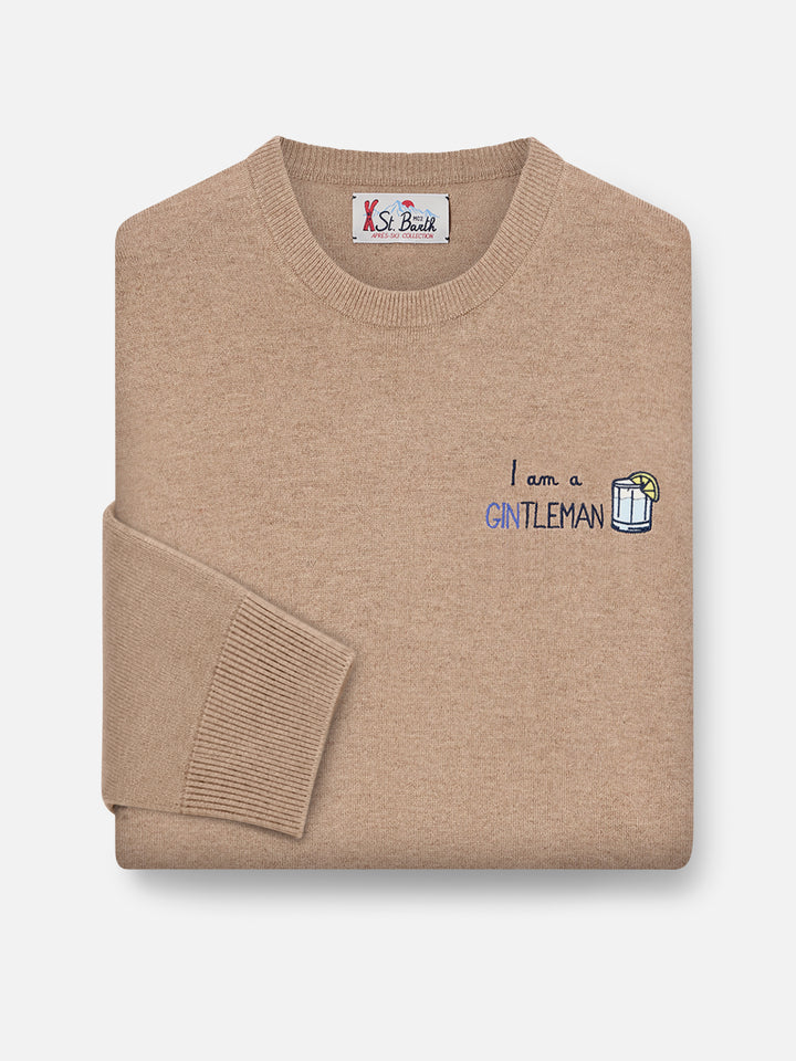 Beige Heron Rundhalspullover aus leichter Wolle und Kaschmir-Mix mit Gintleman-Stickerei 