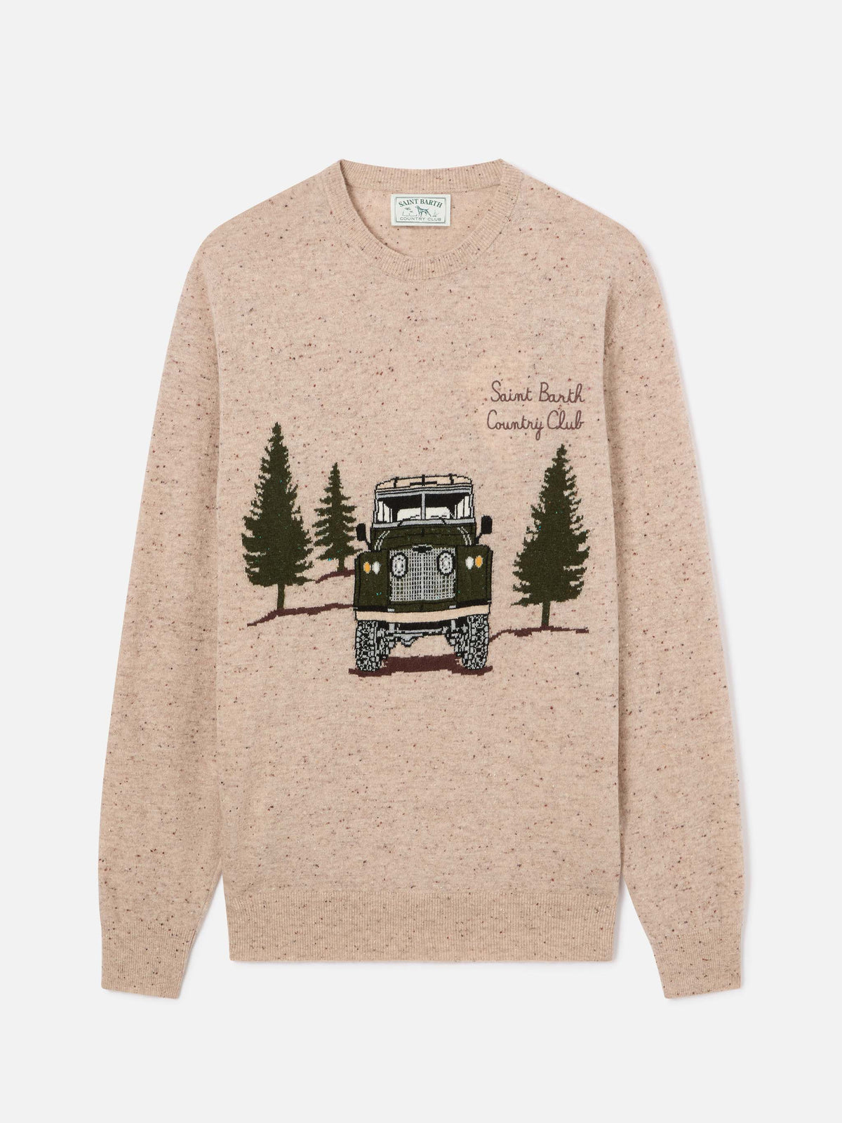 Beige Heron Donegal knit crewneck with Country Club intarsia and embroidery