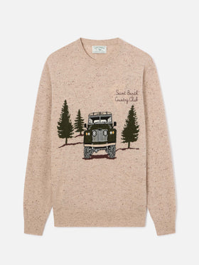 Beige Heron Donegal knit crewneck with Country Club intarsia and embroidery