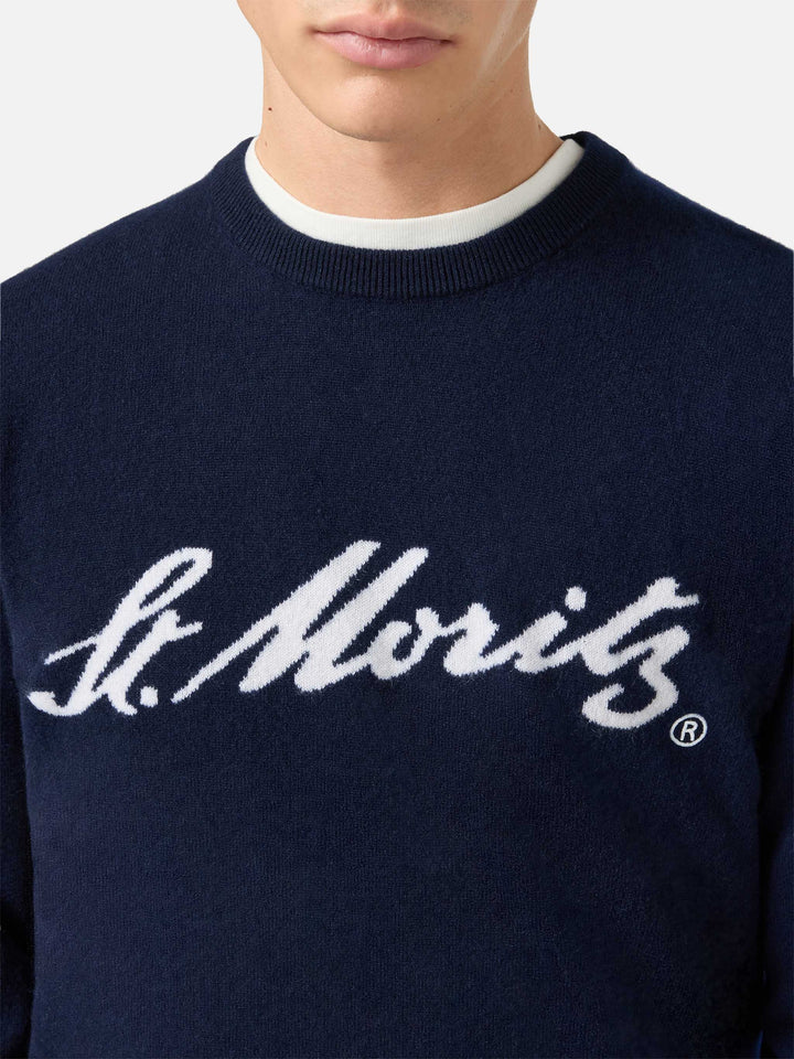 Heron Light sweater in 100% blue CASHMERE with St. Moritz intarsia | ST. MORITZ TOP OF THE WORLD
