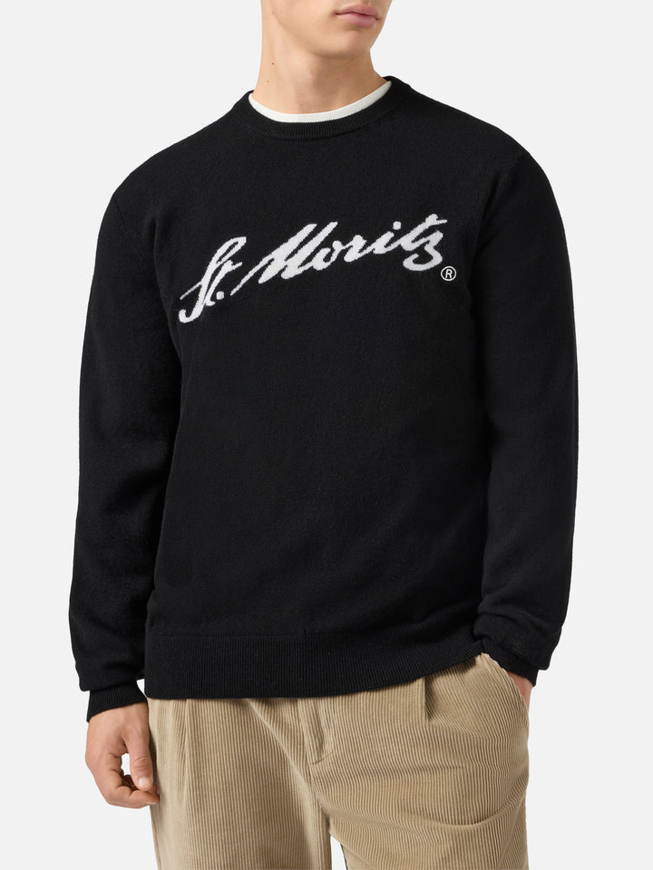 Heron Light sweater in 100% black CASHMERE with St. Moritz intarsia | ST. MORITZ TOP OF THE WORLD