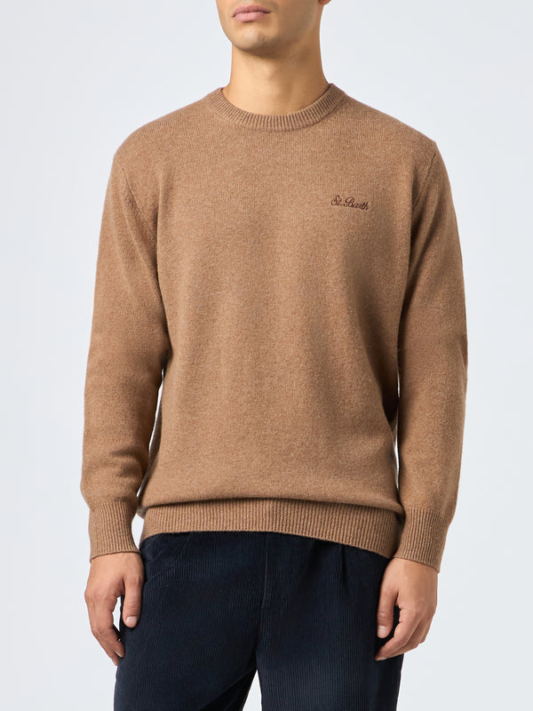 Man crewneck camel sweater with St. Barth embroidery