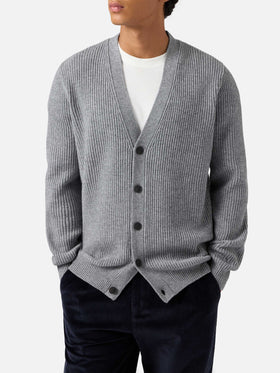 Cardigan Herrison in pura lana grigio melange a coste inglesi