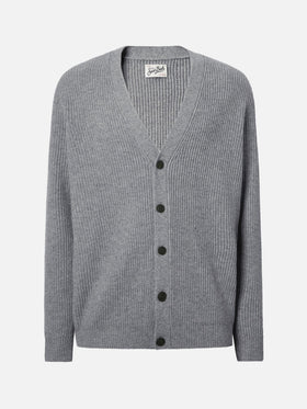 Cardigan Herrison in pura lana grigio melange a coste inglesi