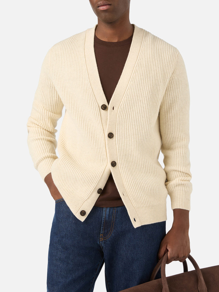 Beige Herrison wool ribbed cardigan