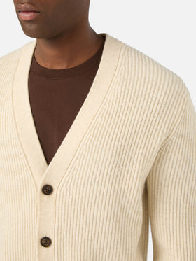 Beige Herrison Strickjacke aus gerippter Wolle 