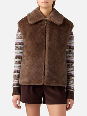 Gilet Hesketh marrone scuro reversibile in tessuto cerato ed effetto pelliccia