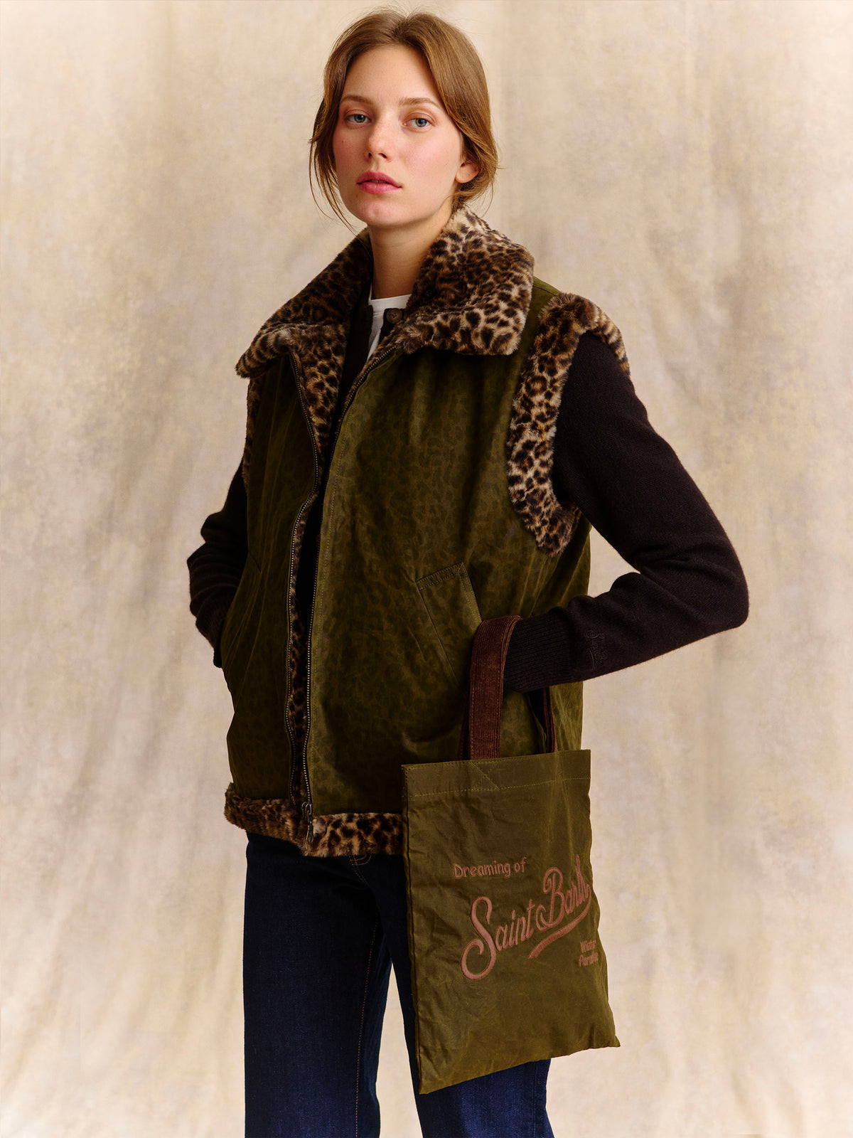 Military green Hesketh reversible waxed vest with leopard faux fur