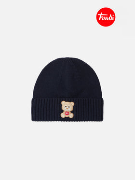 Holden cashmere-blend beanie in blue with Trudi bear embroidery | TRUDI SPECIAL EDITION