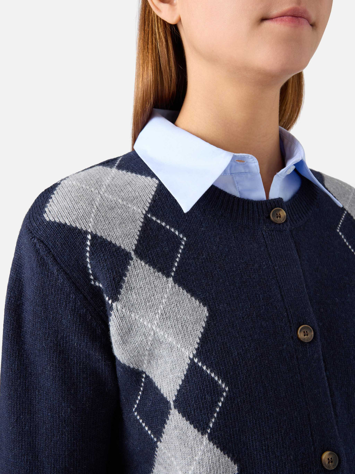Navy blue Sierra wool and cashmere blend cardigan with argyle pattern