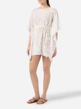 short white kaftan dress White Pleated V-Neck Short Kaftan Oversize Tunic Dress Summer Cover