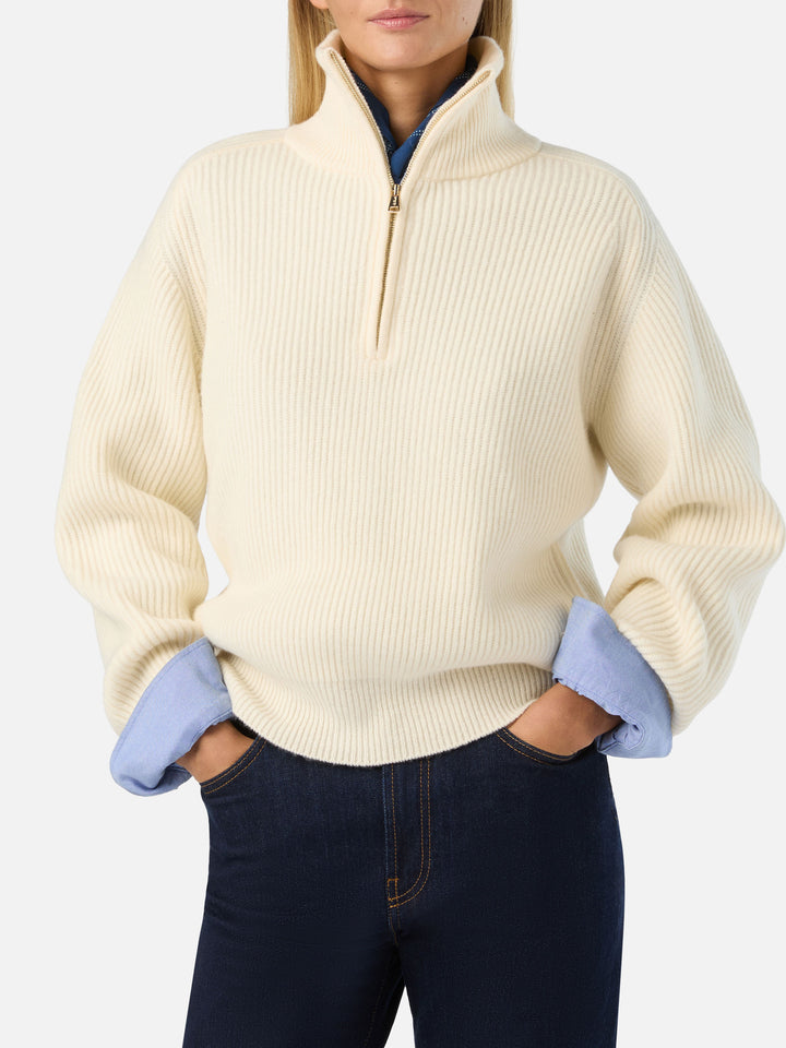 Off white Isalyn Wollstrick mit Half-Zip 
