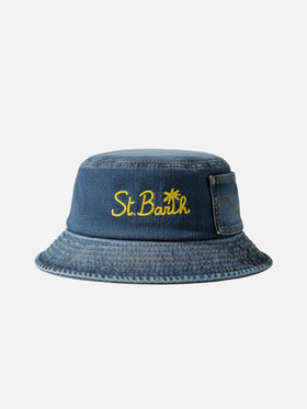 Cotton bucket hat with front embroidery in denim