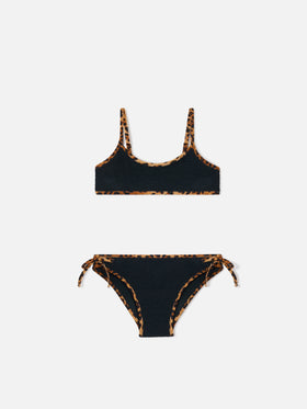 Bikini negro de tejido crinkle Jaiden String con ribetes de leopardo 