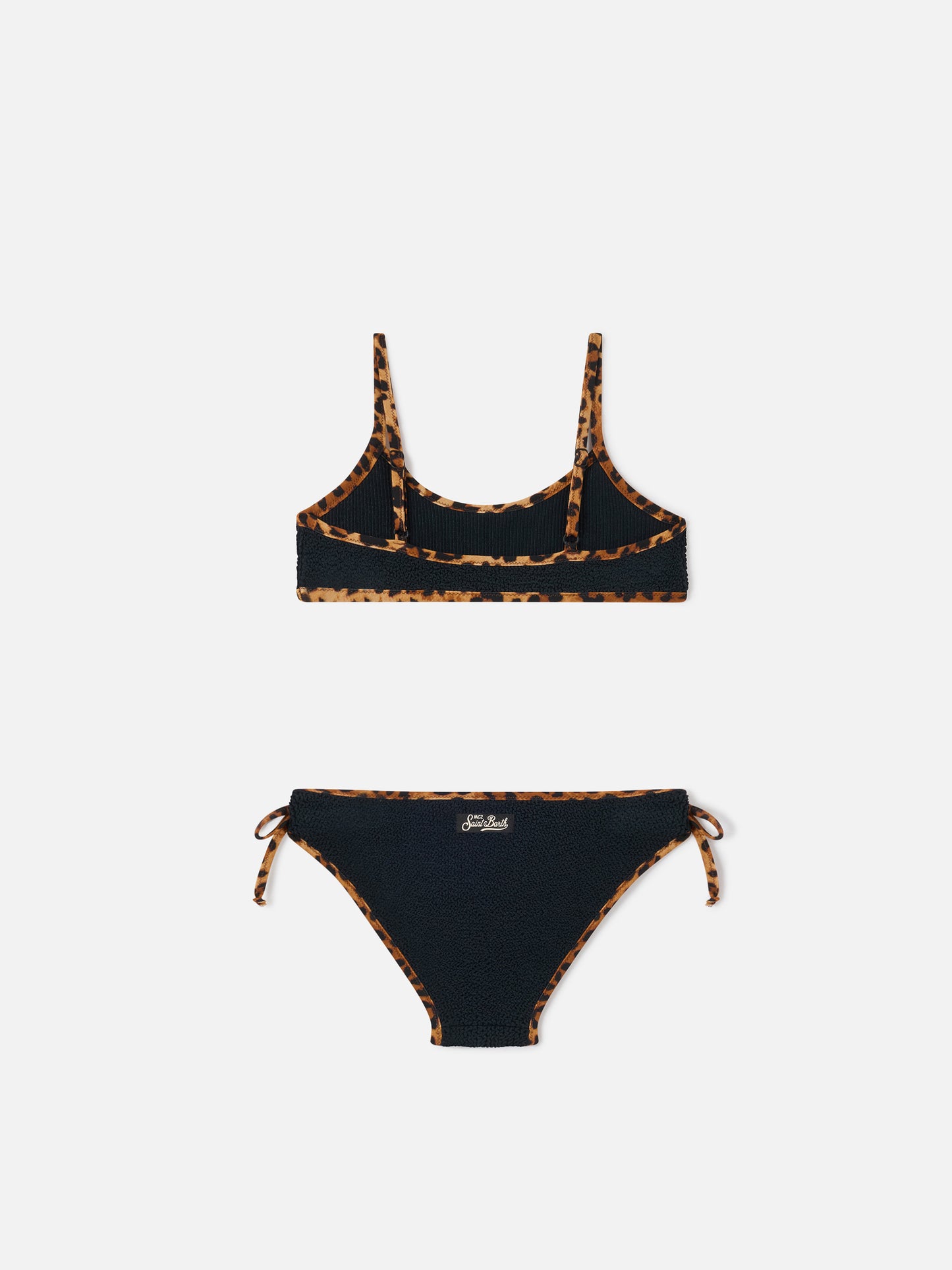 Bikini negro de tejido crinkle Jaiden String con ribetes de leopardo 