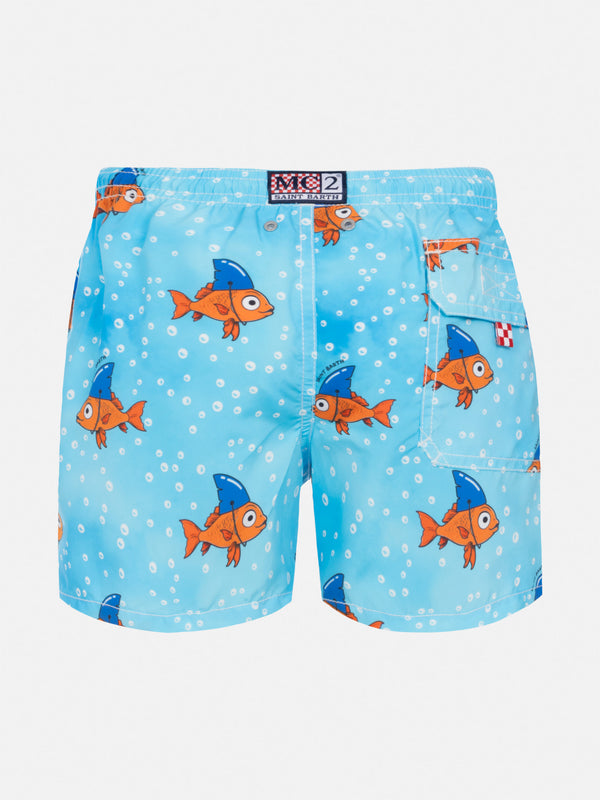 Jean mid-length swim shorts with fake shark print