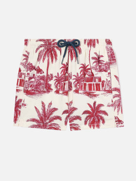 Jean swim shorts with Toile de Jouy red print