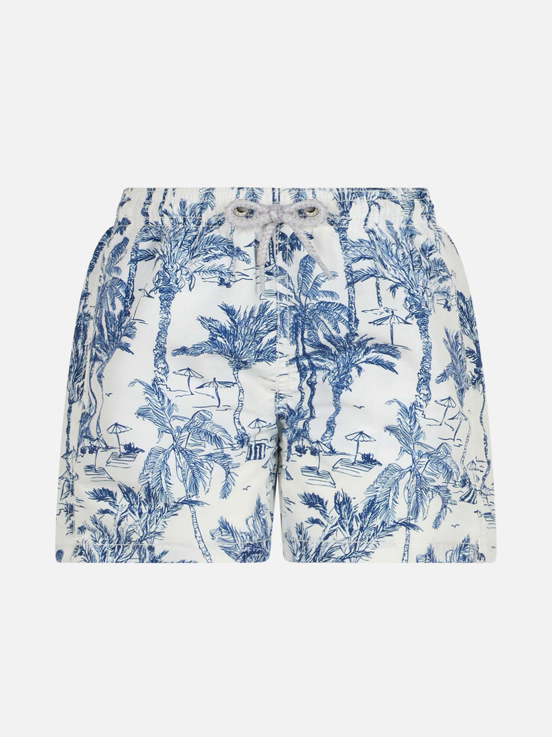 Mittellange Jeans-Badeshorts für Jungen mit Toile-de-Jouy-Print