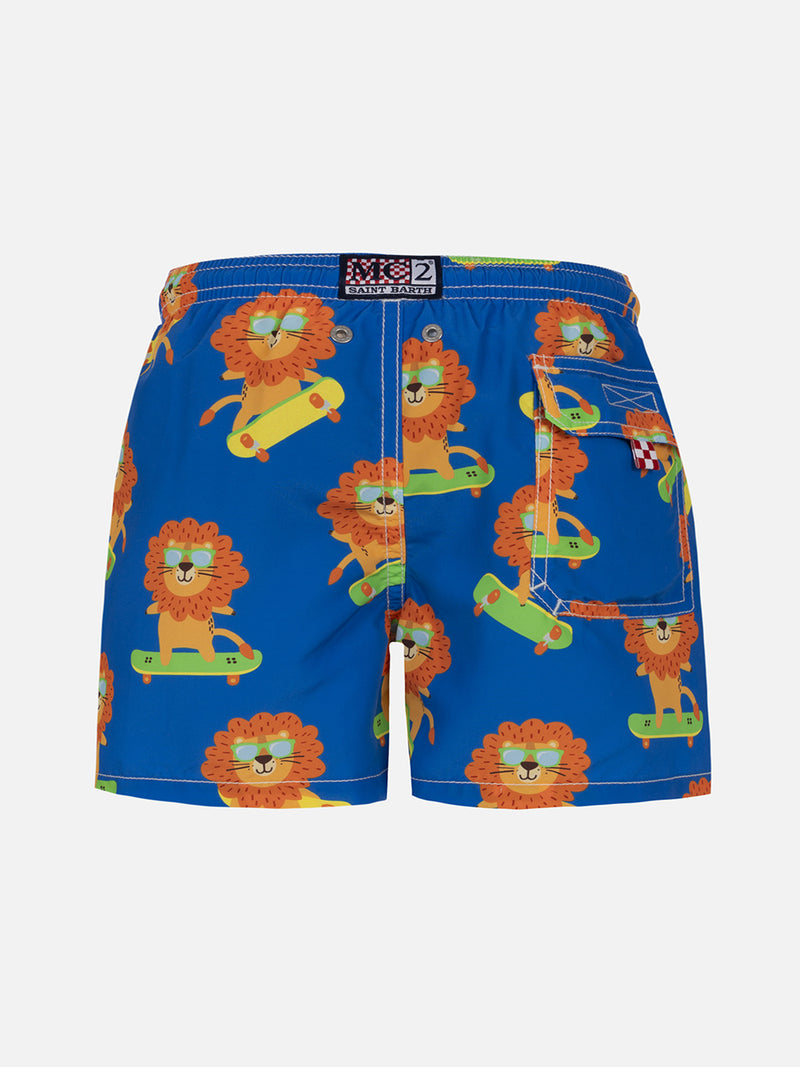 Boy mid-length Jean swim-shorts with skating leo print