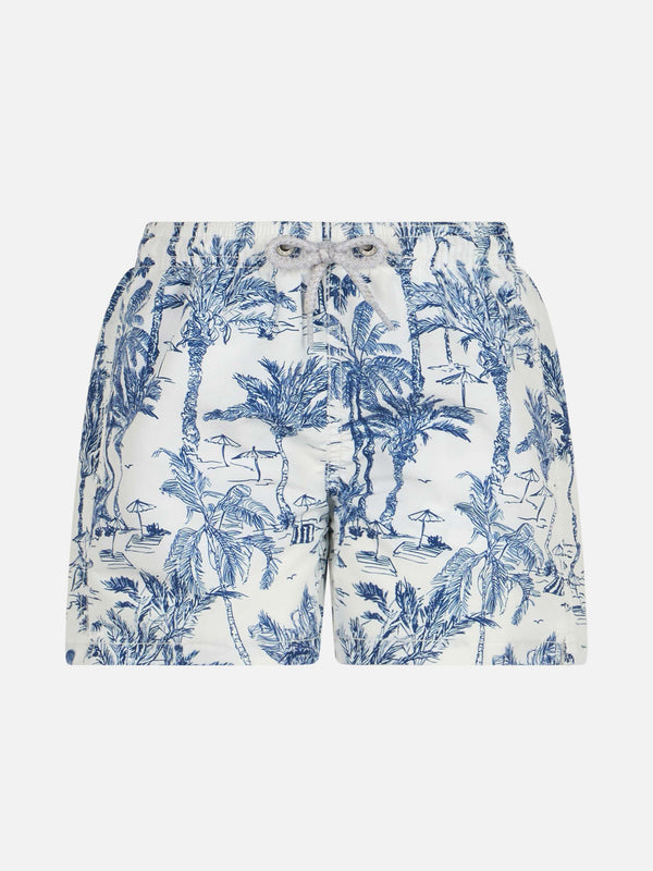 Jean mid-length swim shorts with toile de jouy print