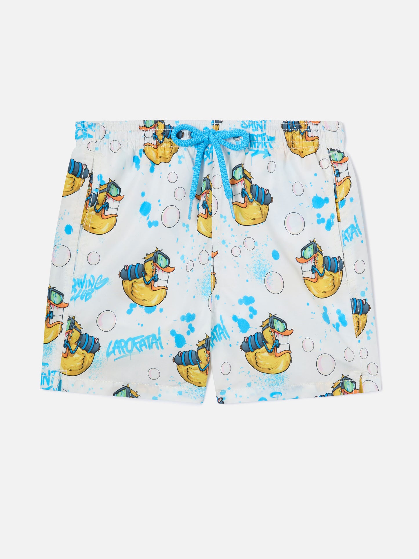 Boy mid-length Jean swim-shorts with Crypto Ducky print | CRYPTOPUPPETS SPECIAL EDITION