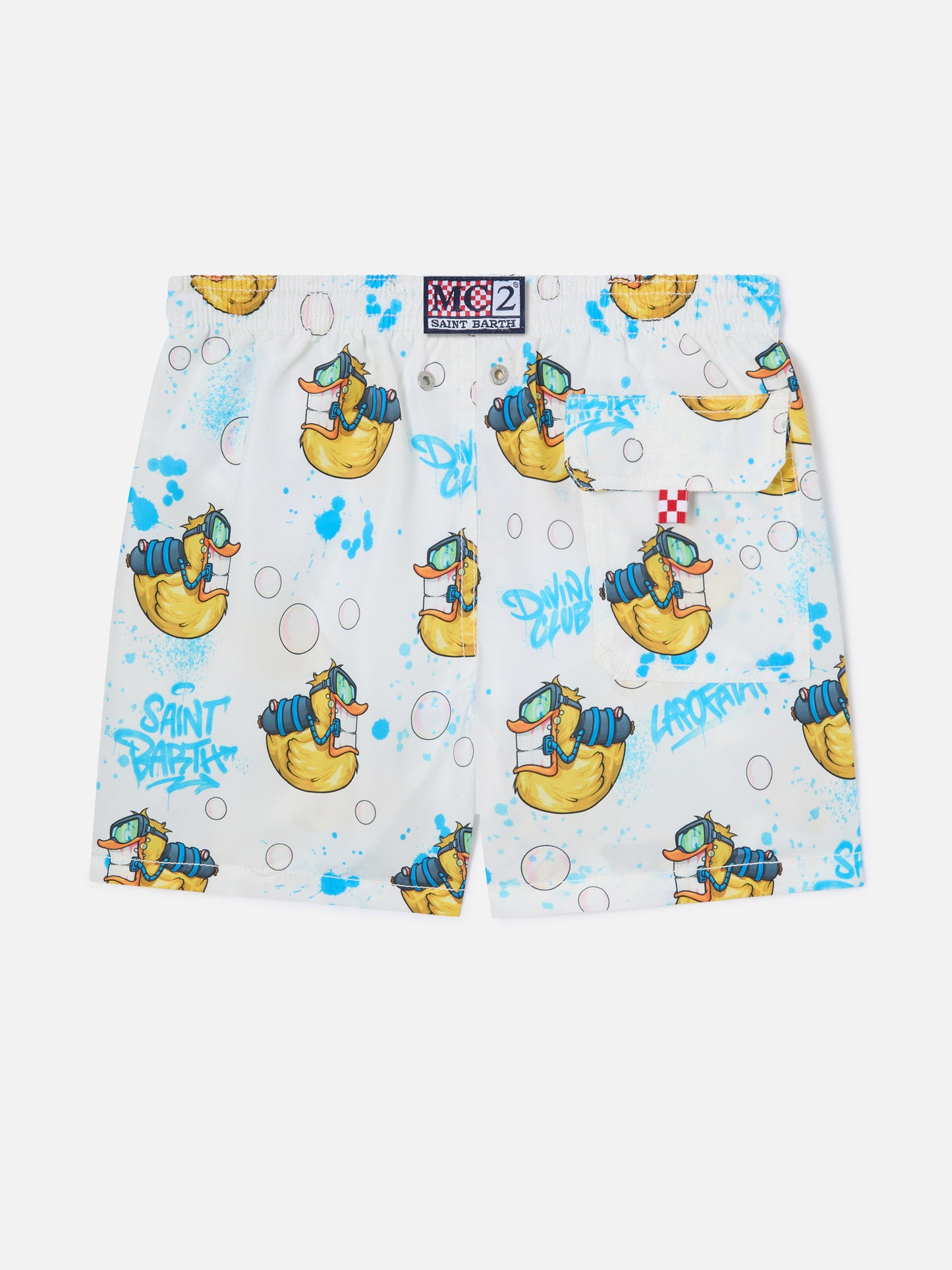 Boy mid-length Jean swim-shorts with Crypto Ducky print | CRYPTOPUPPETS SPECIAL EDITION