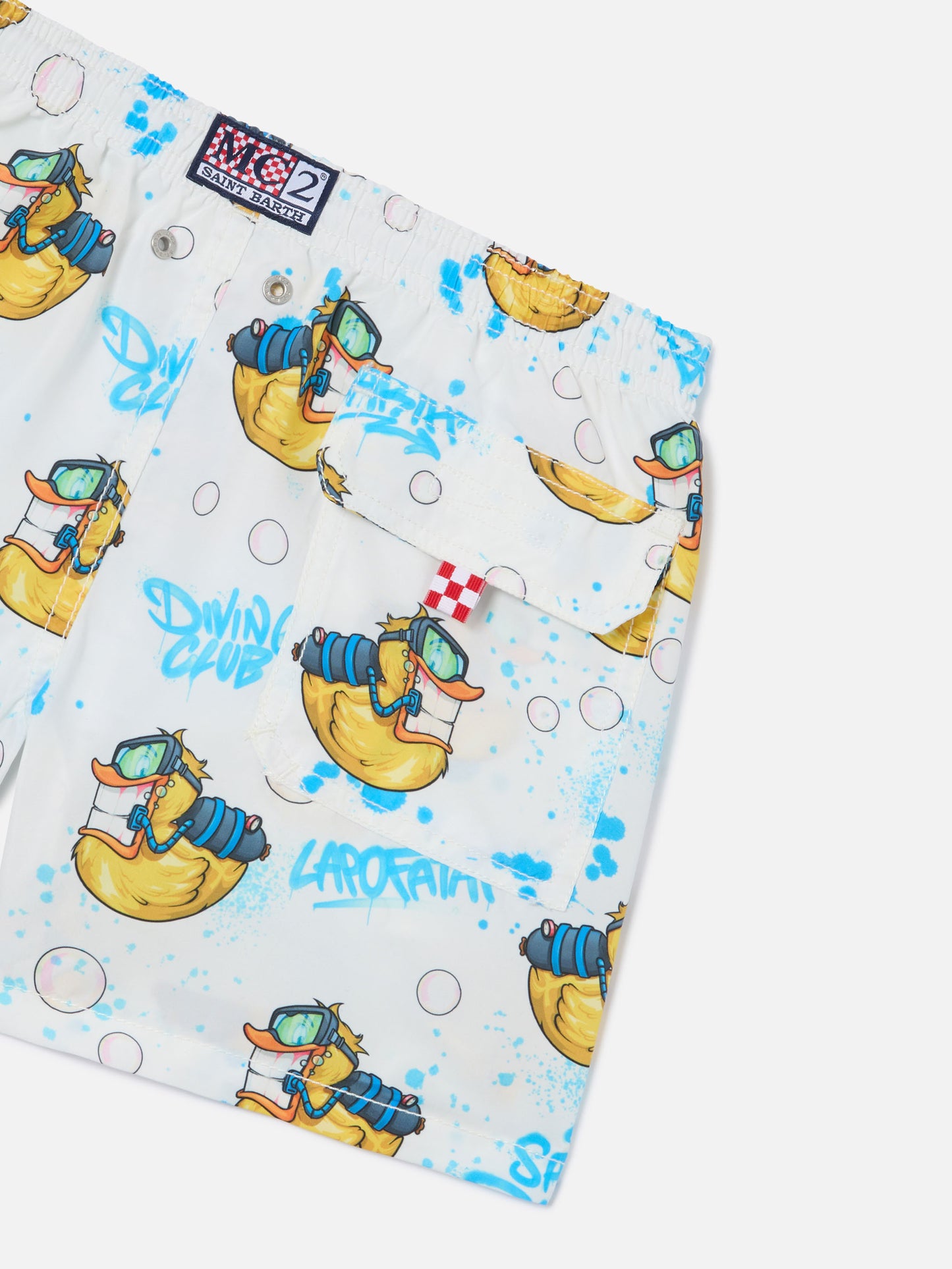Boy mid-length Jean swim-shorts with Crypto Ducky print | CRYPTOPUPPETS SPECIAL EDITION