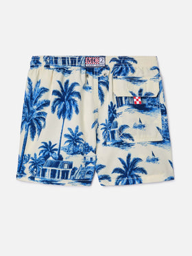 Jean swim shorts with Toile de Jouy blue print