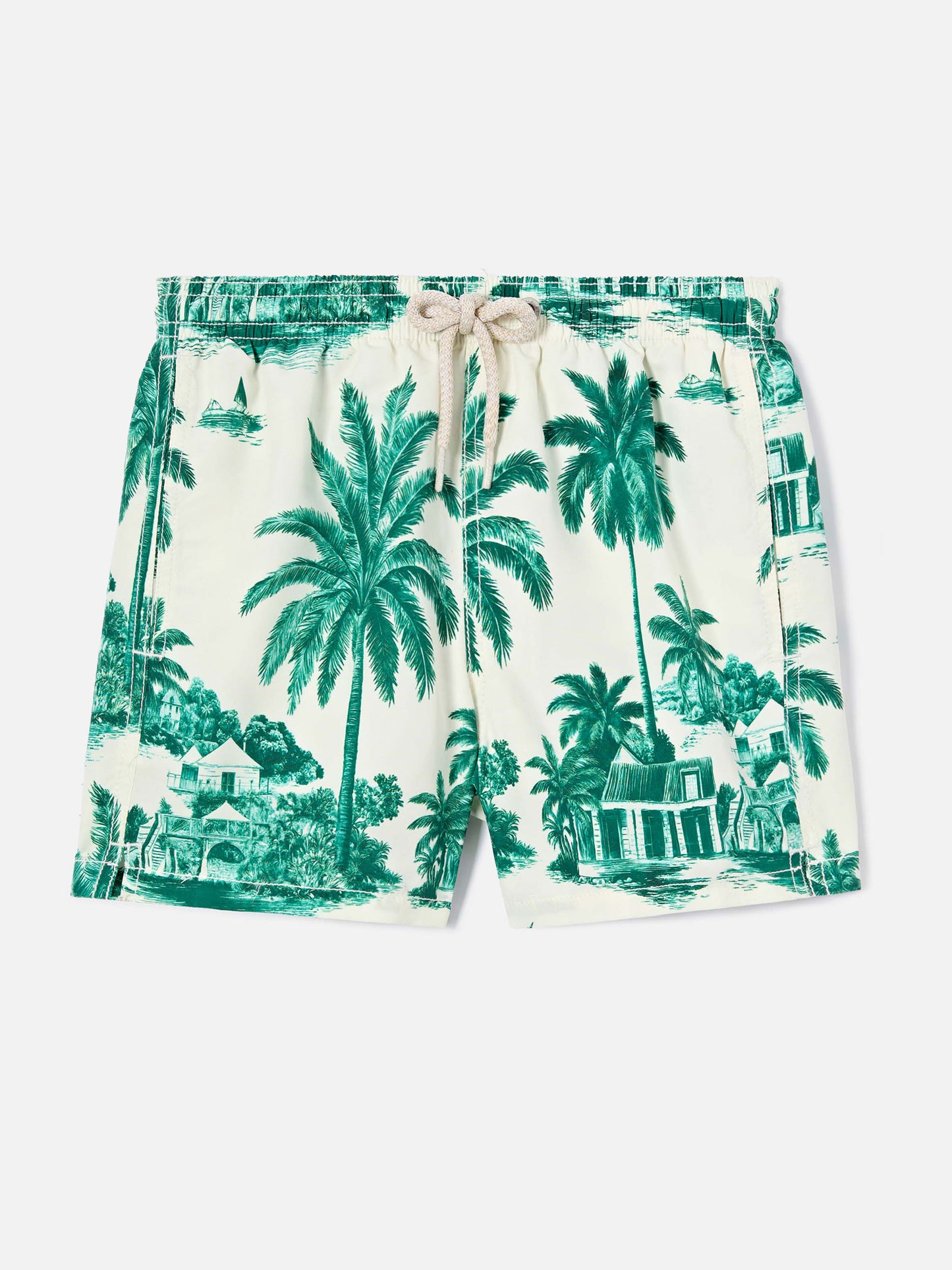 Jean swim shorts with Toile de Jouy green print