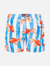 Boy striped swim srunks with with gold fish print