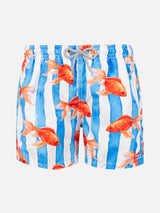 Boy striped swim srunks with with gold fish print