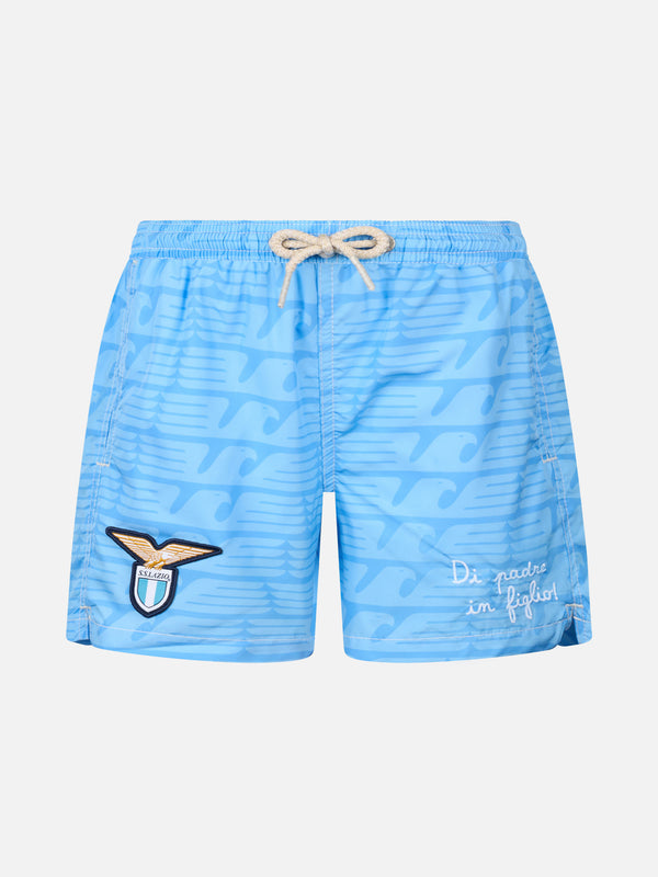 Jean Lighting lightweight fabric swim shorts with Lazio logo print and Di Padre in Figlio embroidery|SS LAZIO SPECIAL EDITION