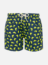 Boy light fabric swim shorts with fluo sharks print