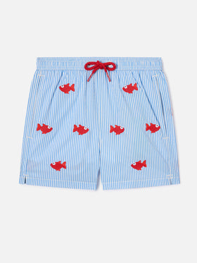 Jean Embroidery striped swim shorts with embroidered fish