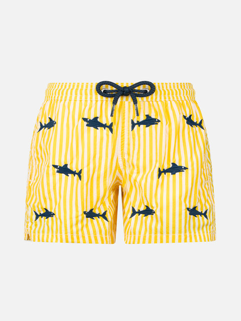 Boy seersucker swim-shorts Jean with sharks embroidery - MC2 Saint Barth