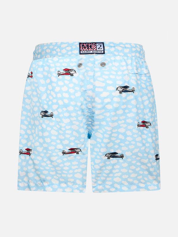 Boy lightweight fabric swim-shorts Jean Lighting with airplanes embroidery